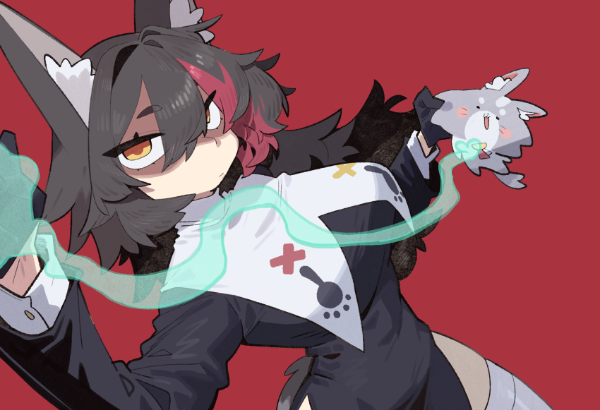 1girl alternate_costume animal_ear_fluff animal_ears black_dress black_gloves black_hair breast_curtains breasts closed_mouth cocomayo29_(tomato) commentary_request dress fluffy_hair gloves hair_between_eyes highres holding hololive korean_commentary long_hair long_sleeves miofa_(ookami_mio) multicolored_hair nun ookami_mio paw_print red_background red_hair shaded_face simple_background tail thighhighs virtual_youtuber wolf_ears wolf_girl wolf_tail yellow_eyes