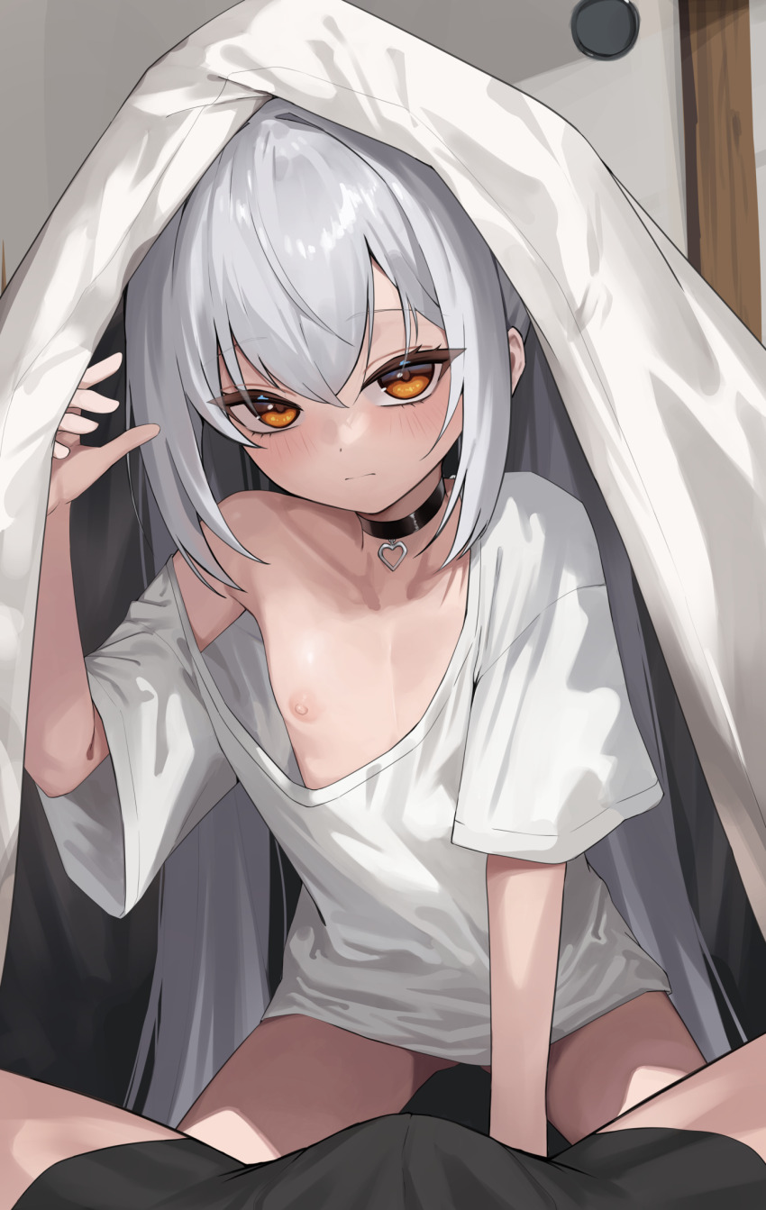 1boy 1girl ayase_shiho_(honashi) bare_shoulders bed_sheet blush choker collarbone flat_chest grey_hair hair_between_eyes hetero highres honashi loli long_hair nipples off_shoulder orange_eyes original shirt short_sleeves sidelocks white_shirt
