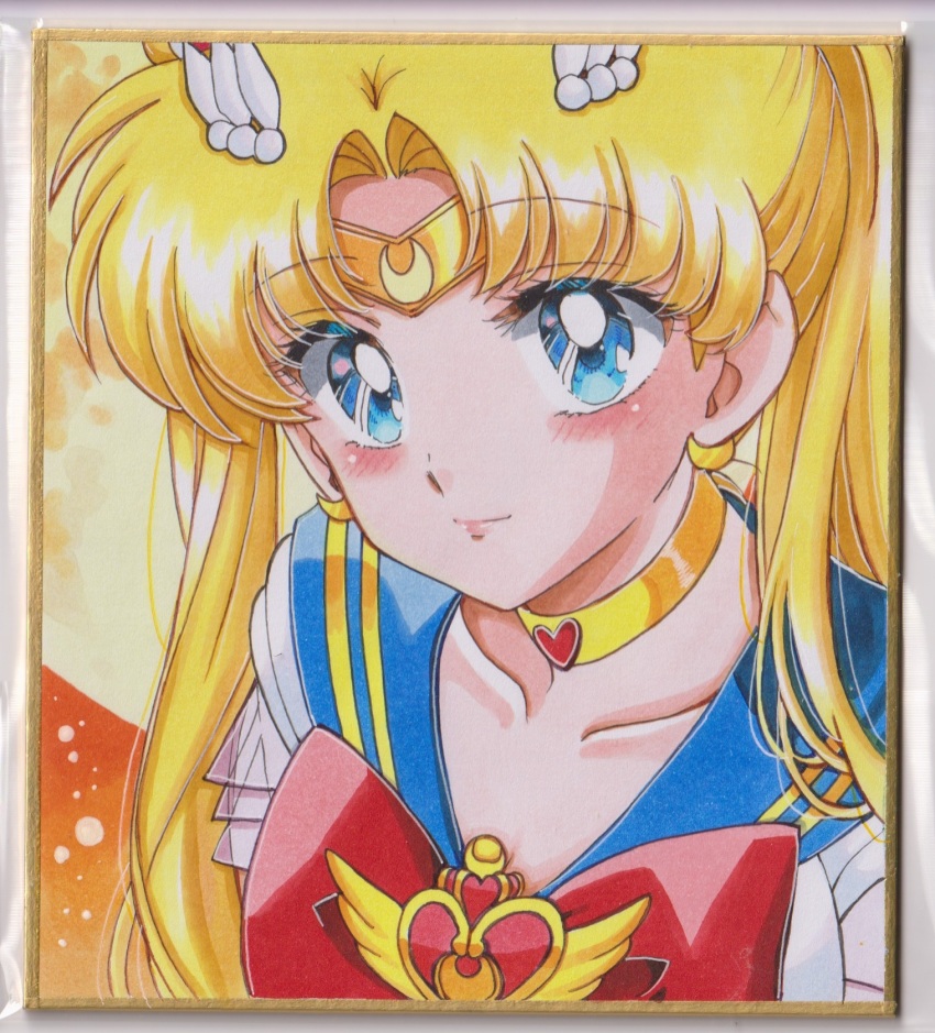 1girl bishoujo_senshi_sailor_moon bishoujo_senshi_sailor_moon_supers blonde_hair blue_eyes blue_sailor_collar blush bow bowtie brooch chikoto_(kztc4472) choker closed_mouth collarbone commentary crescent crescent_earrings double_bun earrings hair_bun hair_ornament heart heart_brooch highres jewelry long_hair looking_at_viewer magical_girl parted_bangs red_bow red_bowtie sailor_collar sailor_moon sailor_senshi_uniform shirt short_sleeves smile solo super_sailor_moon traditional_media tsukino_usagi twintails upper_body white_shirt wing_hair_ornament yellow_choker