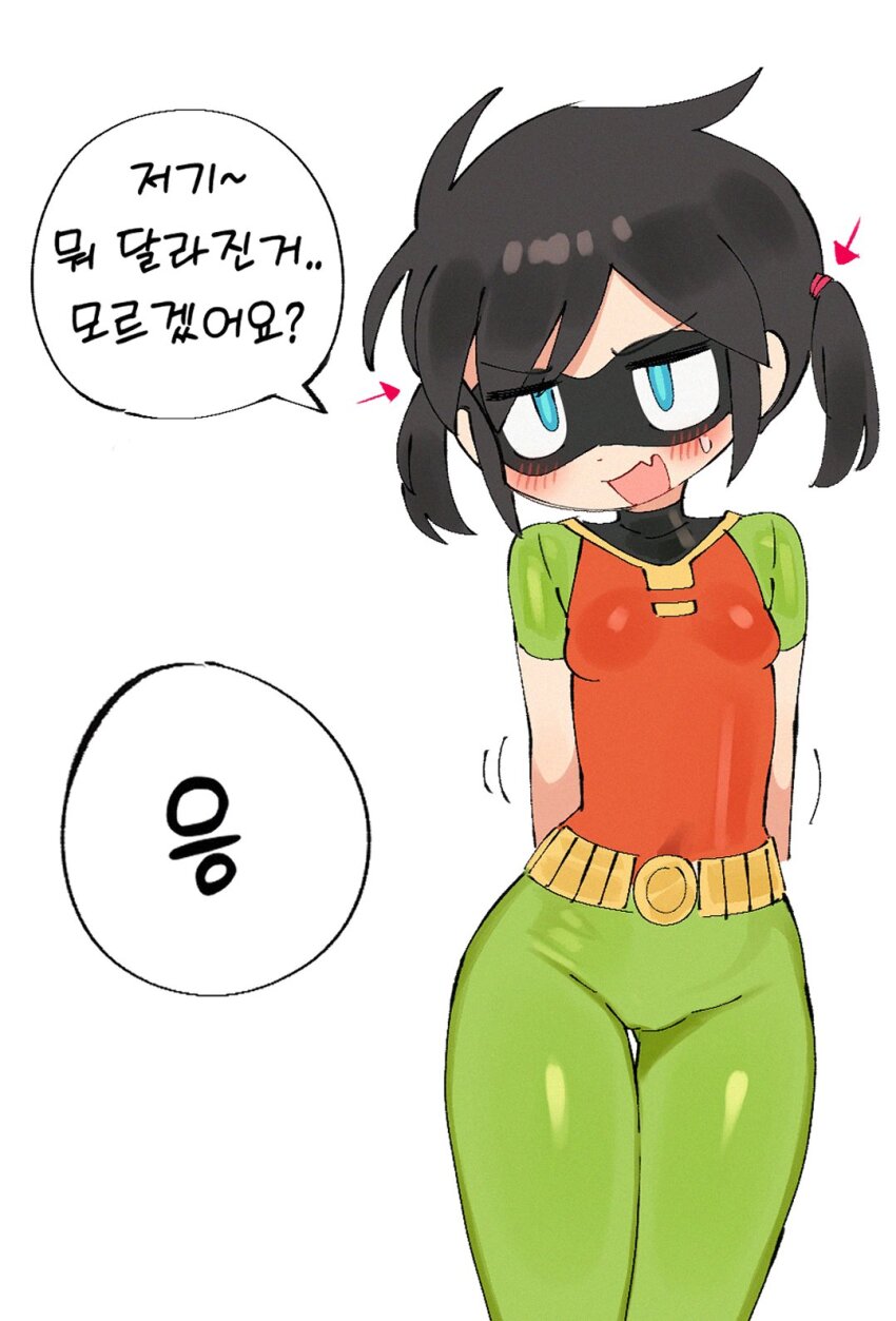 1girl arms_behind_back batrobin_k belt black_hair blue_eyes blush bodysuit breasts commentary covered_navel domino_mask eye_mask fang highres korean_text mask open_mouth original robin_(batrobin_k) short_hair short_twintails simple_background skin_fang skin_tight small_breasts smile solo speech_bubble superhero_costume symbol-only_commentary thigh_gap twintails utility_belt white_background