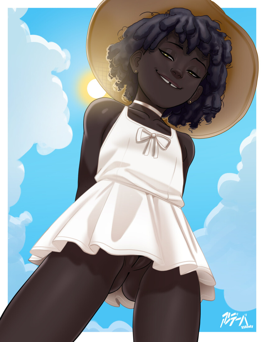1girl absurdres andava biting_own_lip black_hair blue_sky bow brown_eyes brown_hat choker clavicles cloud dark-skinned_female dark_skin day dreadlocks dress earrings from_below hat highres jewelry loli original outdoors pussy short_dress short_hair sky sleeveless sleeveless_dress smile solo sun sundress taniyah_(andava) tooth_gap very_dark_skin white_choker white_dress yellow_eyes