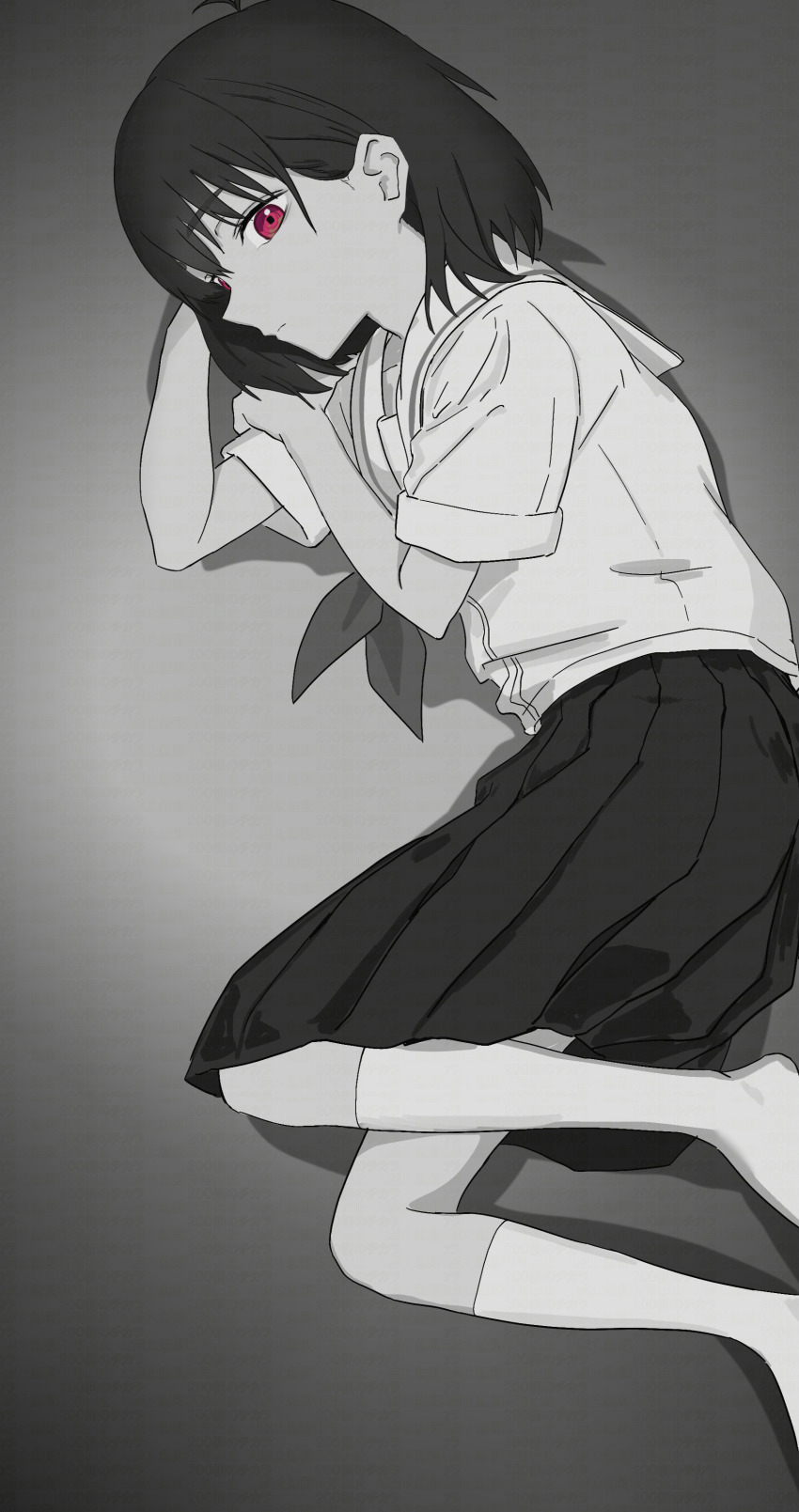 1girl 200-ko_no_chikara absurdres black_hair commentary_request greyscale highres looking_at_viewer lying monochrome multicolored_eyes osanai_yuki petite pink_eyes pleated_skirt school_uniform serafuku shirt short_hair short_sleeves shoushimin_series skirt socks solo two-tone_eyes yellow_eyes