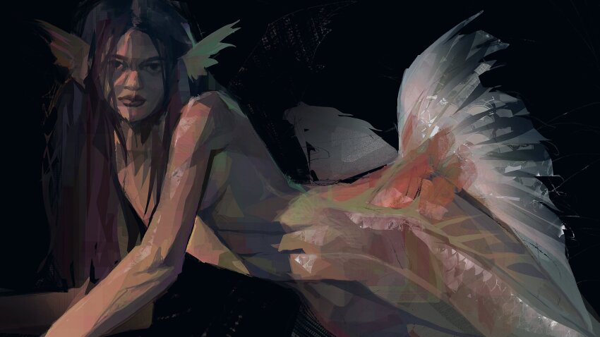 1girl absurdres aegyo_sal arched_back black_background black_eyes blue_hair commentary fins head_fins highres long_hair looking_at_viewer mermaid monster_girl nude original painterly serious simple_background solo straight_hair symbol-only_commentary twulfs