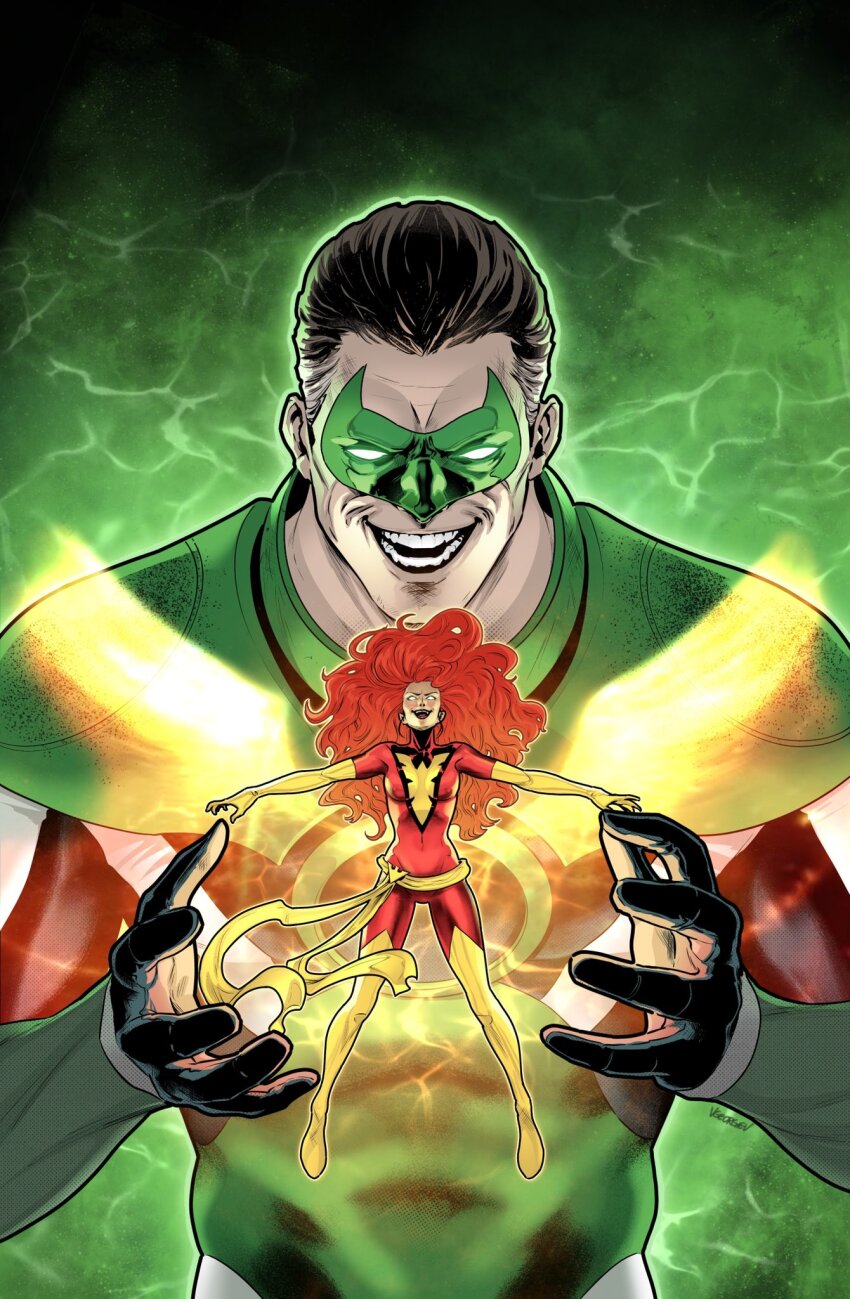 1boy 1girl bodysuit boots brown_hair character_request commentary crossover dark_persona dc_comics domino_mask elbow_gloves eye_mask floating_hair gloves glowing glowing_eyes green_background green_lantern green_lantern_(series) green_lantern_corps grin hair_slicked_back highres jean_grey long_hair marvel mask multicolored_hair muscular muscular_male no_pupils phoenix_(x-men) red_bodysuit red_hair sash short_hair smile superhero_costume thigh_boots upper_body vasco_georgiev white_hair x-men yellow_boots yellow_gloves yellow_sash
