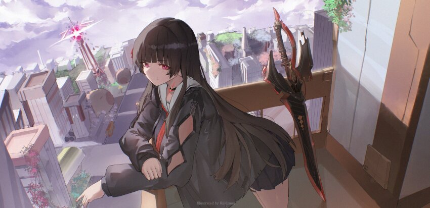 1girl absurdres against_railing black_choker black_hair black_jacket black_shirt black_skirt breasts chisa_(wuthering_waves) choker closed_mouth commentary from_side highres jacket leaning_forward long_hair long_sleeves looking_at_viewer looking_to_the_side medium_breasts neckerchief outdoors railing rakizuuu red_eyes red_neckerchief sailor_collar shirt skirt solo sword weapon white_sailor_collar wuthering_waves