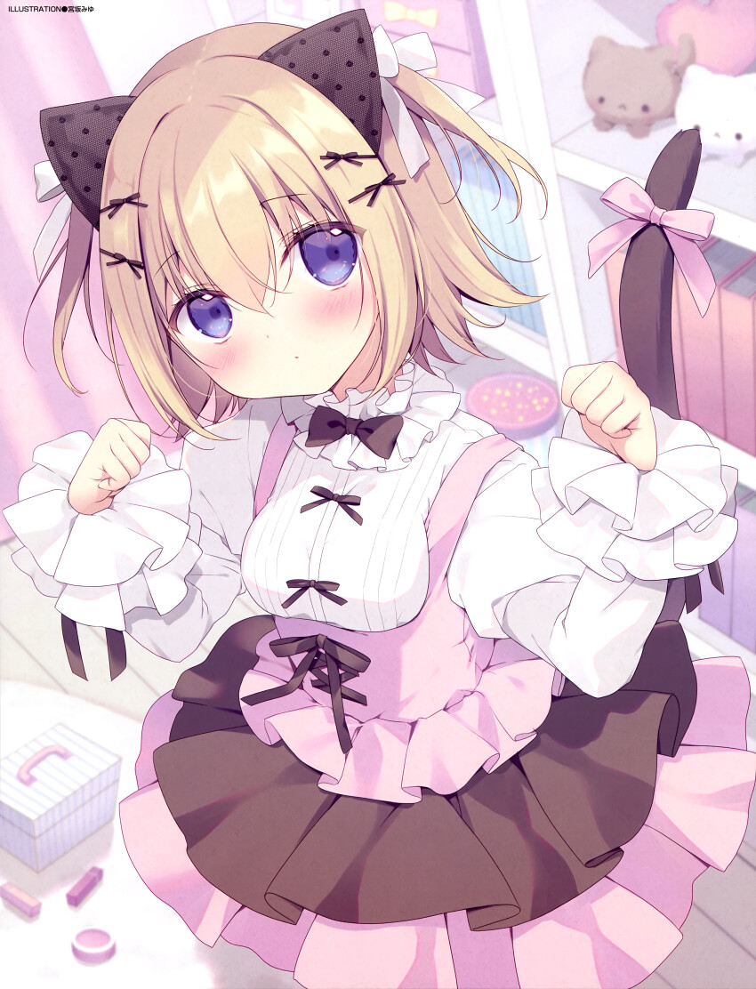 1girl absurdres animal_ears artist_name black_bow black_bowtie blonde_hair blush book bookshelf bow bowtie breasts cat_ears cat_tail curtains dengeki_moeoh dress dress_shirt from_above hair_ornament hair_ribbon hairpin head_tilt highres indoors juliet_sleeves long_sleeves looking_at_viewer magazine_scan miyasaka_miyu multiple_hairpins original parted_lips paw_pose pink_bow pink_dress puffy_sleeves purple_eyes ribbon scan shirt shirt_under_dress short_hair sleeveless sleeveless_dress small_breasts solo stuffed_animal stuffed_cat stuffed_toy tail tail_bow tail_ornament third-party_source two_side_up white_ribbon white_shirt