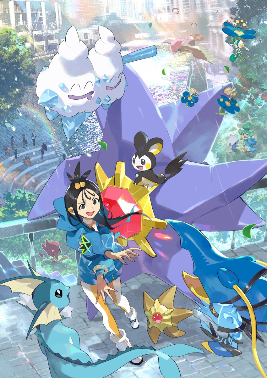 beak bird black_hair blue_flower blue_fur blue_hoodie building cetacean_tail clawitzer closed_eyes closed_mouth colored_sclera colored_skin cube_hair_ornament drooling e_volution earclip emolga fins fish_tail floette floette_(blue_flower) flower flying flying_squirrel forked_tail gem gen_1_pokemon gen_3_pokemon gen_5_pokemon gen_6_pokemon grey_eyes hair_ornament head_fins highres holding holding_flower holding_umbrella hood hood_down hoodie jacket leggings lida_(pokemon) long_hair long_legs long_sleeves looking_at_viewer lumiose_city meditite mega_pokemon mega_ring mega_starmie monkey mouth_drool multiple_others nintendo no_eyes open_mouth orange_leggings outdoors pancham panpour pansear park pidgeotto pokemon pokemon_(creature) pokemon_legends:_z-a purple_skin red_gemstone ribbed_socks shirt smile socks squirrel starfish starmie staryu tail topknot tree two-tone_legwear umbrella vanilluxe vaporeon water white_leggings wings wispy_bangs yellow_sclera