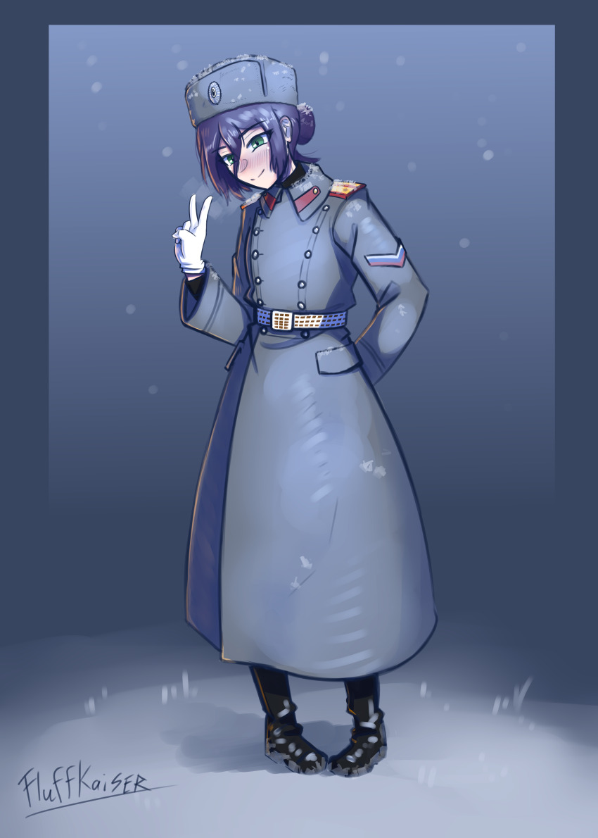 1girl absurdres arm_behind_back black_boots black_coat blush boots chainsaw_man coat commentary english_commentary fluffkaiser full_body fur_hat gloves hat highres long_sleeves military_uniform papakha reze_(chainsaw_man) russian_flag russian_ground_forces sash shoulder_boards smile snow snowing soldier solo standing v waist_sash white_gloves winter_clothes