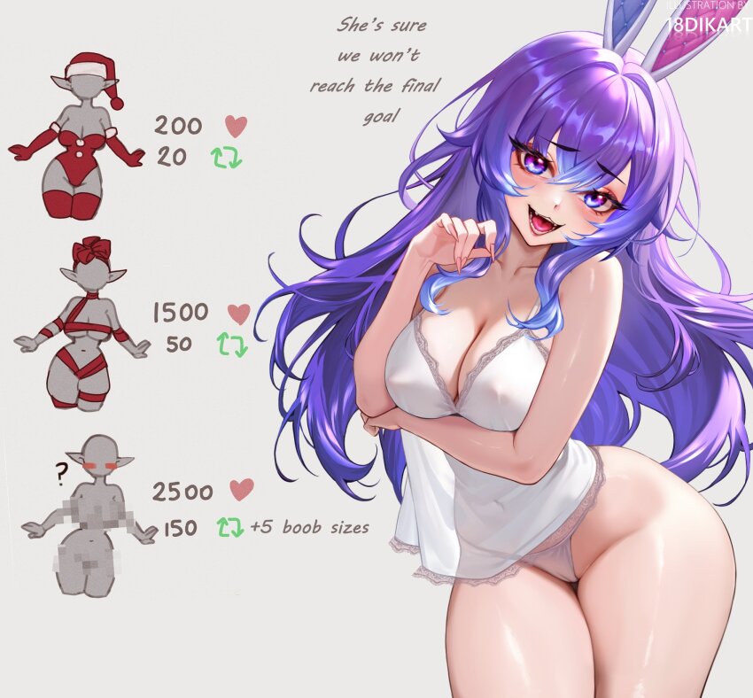 18dikart 1girl bare_shoulders breasts camisole cleavage collarbone commentary commission cottontail_(vtuber) english_commentary eyelashes highres indie_virtual_youtuber large_breasts long_hair panties purple_eyes purple_hair rabbit_tail see-through_camisole see-through_clothes simple_background solo tail twitter_strip_game underwear virtual_youtuber white_background white_camisole white_panties