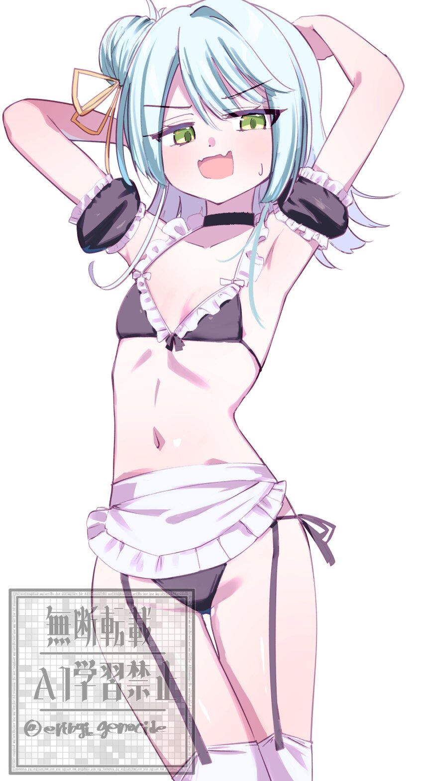 1girl absurdres aqua_hair arm_garter armpits arms_up artist_name artist_request bikini black_bikini black_choker blue_hair choker eringi_genocide fang fangs flat_chest frilled_bikini frills green_eyes hair_bun hair_ribbon highres koyanagi_kaho loli long_hair looking_at_viewer maid_bikini navel pale_skin ribbon shiny_skin side_bun skin_fang solo stomach sweat swimsuit unconventional_maid watashi_ga_koibito_ni_nareru_wake_naijan_murimuri! white_background yellow_ribbon