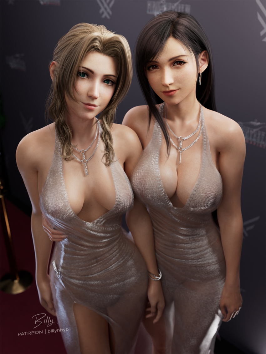 2girls 3d aerith_gainsborough arm_around_waist billyhhyb black_hair breasts brown_hair cleavage covered_erect_nipples dress earrings evening_gown final_fantasy final_fantasy_vii final_fantasy_vii_remake green_eyes highres jewelry large_breasts long_hair looking_at_viewer multiple_girls necklace patreon_username plunging_neckline red_carpet red_eyes side_slit signature silver_dress smile tifa_lockhart