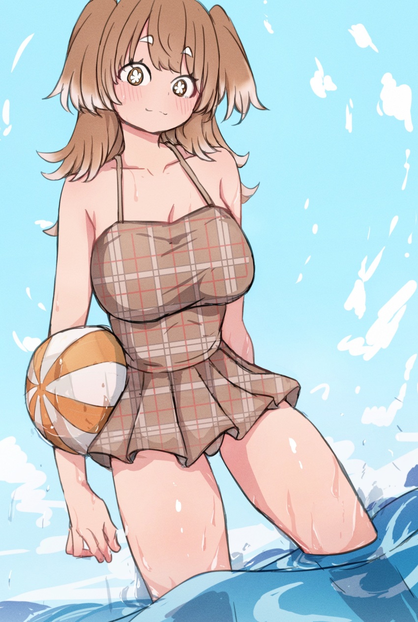 1girl :3 absurdres ball bare_arms bare_legs bare_shoulders beachball blue_sky breasts brown_eyes brown_hair brown_one-piece_swimsuit collarbone colored_tips commentary day flower-shaped_pupils hasu_hasuha highres holding holding_ball holding_beachball kimi_no_koto_ga_dai_dai_dai_dai_daisuki_na_100-nin_no_kanojo large_breasts light_blush long_hair looking_at_viewer multicolored_hair nanami_yotsuya one-piece_swimsuit outdoors plaid_one-piece_swimsuit sky smile solo swimsuit symbol-shaped_pupils two-tone_hair two_side_up unmoving_pattern wading water wet white_hair
