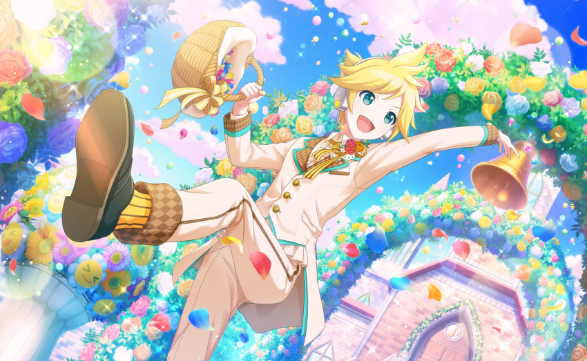 1boy :d aqua_eyes basket bell black_shoes blonde_hair blue_flower blue_sky church cloud colorful_palette flower game_cg headset highres holding holding_basket junpaku_no_anata_e_chikai_no_uta_wo!_(project_sekai) kagamine_len leg_up male_focus official_alternate_costume official_art open_mouth orange_flower pants petals pink_flower project_sekai red_flower rose shoes sky smile socks solo spiked_hair striped_clothes striped_socks third-party_source tongue white_flower white_pants wonderlands_x_showtime_len yellow_socks