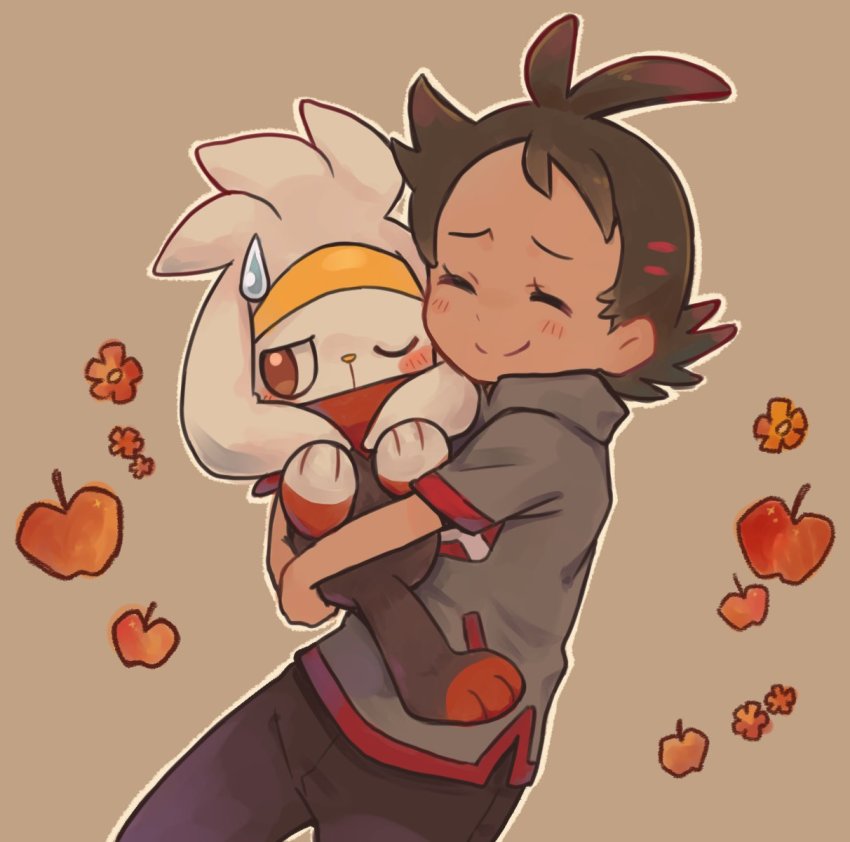 1boy antenna_hair apple black_pants blush brown_hair closed_eyes closed_mouth commentary_request embarrassed food fruit gen_8_pokemon goh_(pokemon) grey_background happy highres holding holding_pokemon nintendo pants pokemon pokemon_(anime) pokemon_(creature) pokemon_journeys raboot rechain short_sleeves side_slit smile sweatdrop