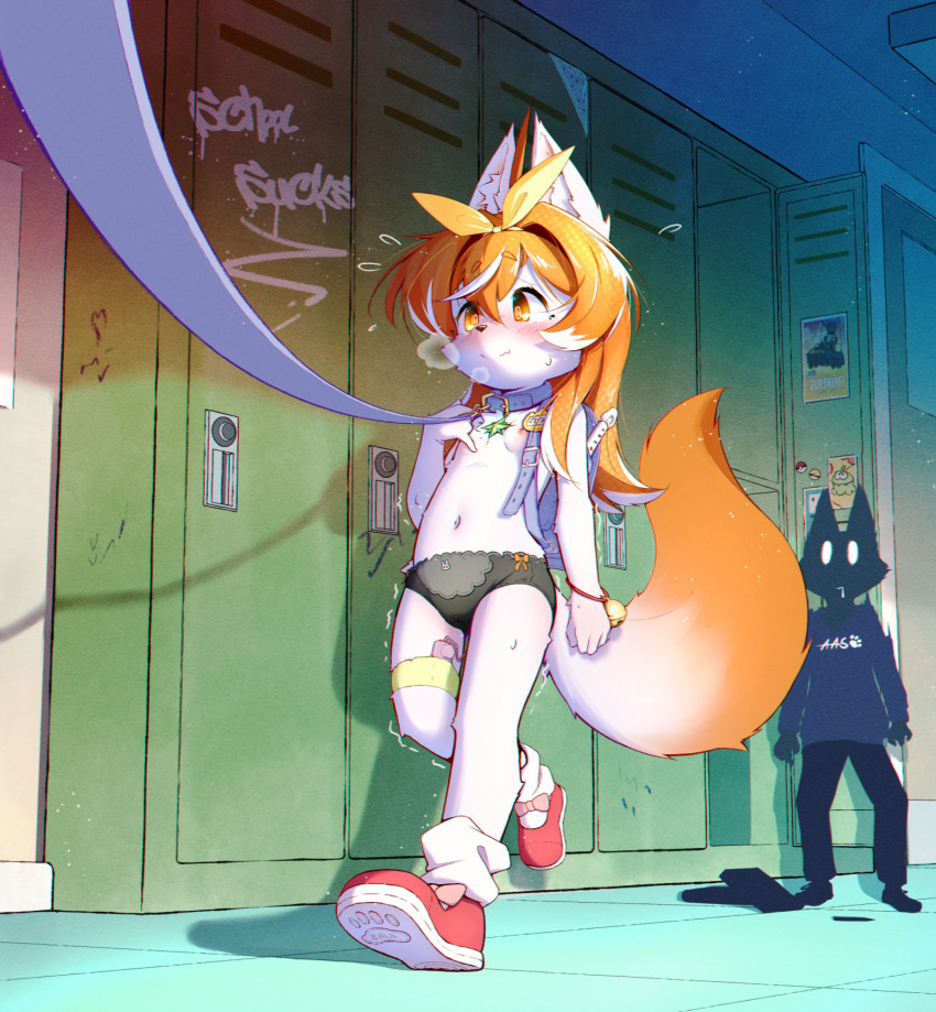 1girl 1other aas_(pixiv_3382255) animal_ear_fluff animal_ears animal_nose backpack bag belt_collar blue_bag blue_collar blush body_fur bow bow_panties bracelet breath closed_mouth collar commentary english_commentary flat_chest flute frilled_panties frills furry furry_female graffiti grey_panties hair_between_eyes hair_over_shoulder hairband hand_up highres indoors instrument jewelry leash locker long_hair loose_socks multicolored_hair navel nipples orange_eyes orange_hair original panties paw_print_soles print_panties public_indecency randoseru recorder red_shoes remote_control_vibrator school school_bag sex_toy shoes sidelocks signature smile socks sweat tail tail_raised thigh_strap topless_female trembling two-tone_hair underwear underwear_only vibrator vibrator_in_thigh_strap walking wavy_mouth white_fur white_hair white_socks wrist_bell ych_commission yellow_hairband
