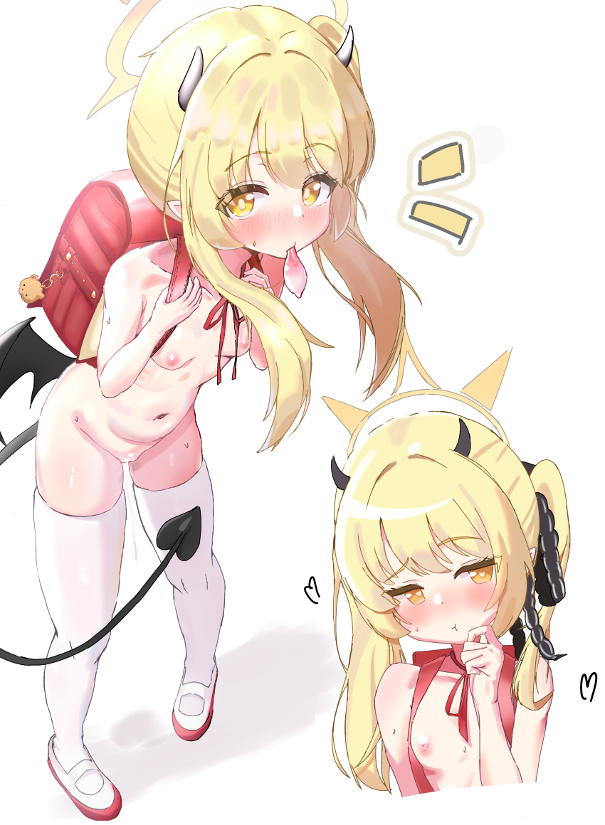 1girl backpack bag bear_ornament black_ribbon black_wings blonde_hair blue_archive blush breasts censored condom condom_in_mouth demon_horns demon_tail demon_wings hair_ribbon halo hand_on_own_cheek hand_on_own_face heart heart_censor horns ibuki_(blue_archive) loli long_hair mouth_hold multiple_views nipples nude otintinsukidesu pointy_ears pout pussy pussy_juice pussy_juice_trail randoseru red_shoes ribbon ribs shoes small_breasts solo sweat tail thighhighs twintails used_condom white_background white_thighhighs wings yellow_eyes