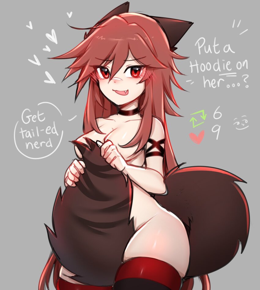 1girl animal_ears armlet blush blush_stickers breasts cleavage collar commentary cry_(crydiaa) crydiaa_(artist) english_commentary english_text fang grey_background heart highres holding_own_tail indie_virtual_youtuber jewelry long_hair nude original pointy_hair red_eyes red_hair shark_tooth shiny_skin socks speech_bubble striped_clothes striped_thighhighs sweat tail thighhighs twitter_strip_game virtual_youtuber wolf wolf_ears wolf_girl