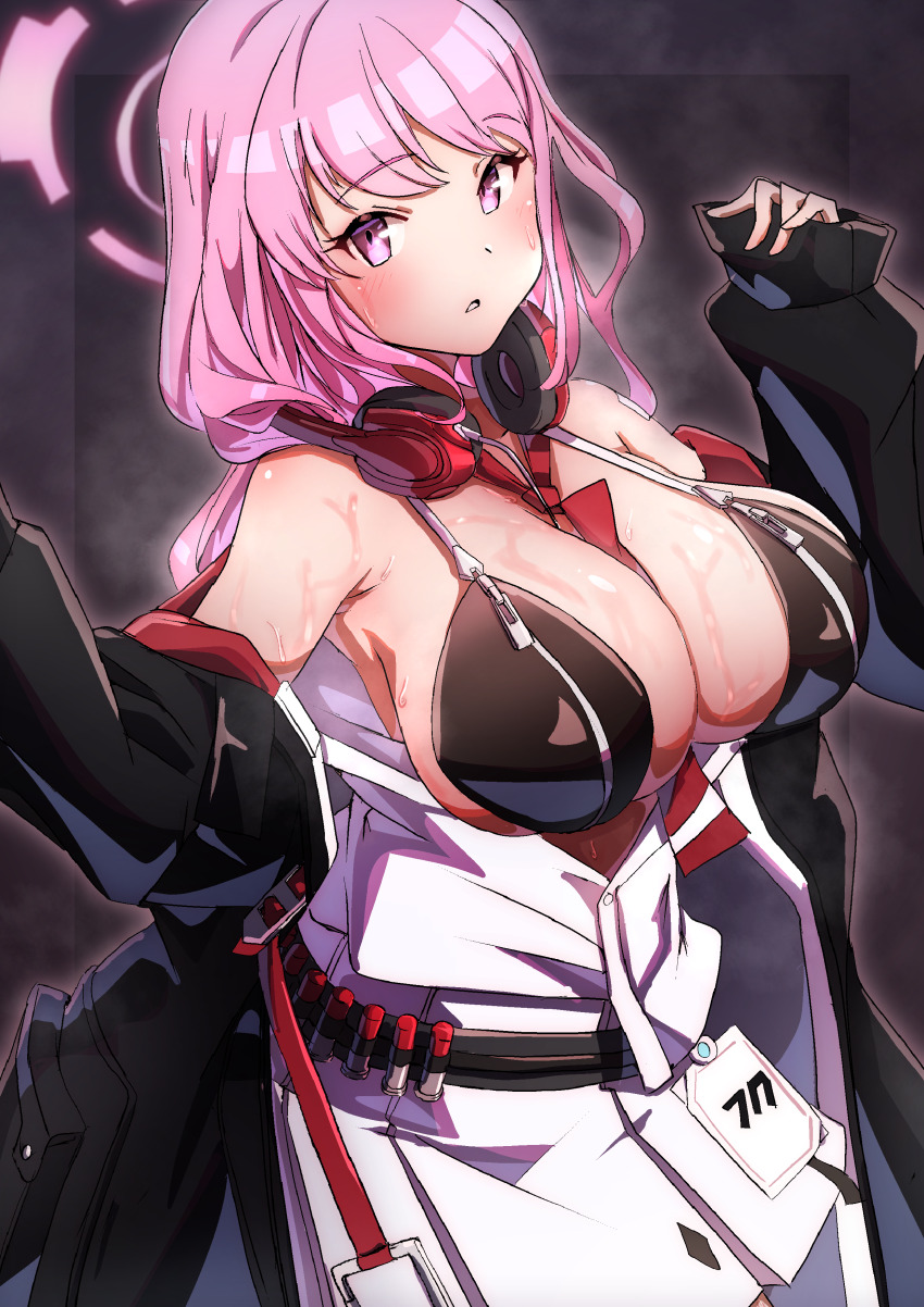 1girl absurdres ammunition bandolier belt between_breasts bikini black_bikini black_jacket blue_archive breast_zipper breasts cleavage commentary_request eimi_(blue_archive) halo headphones headphones_around_neck highres id_card jacket large_breasts long_hair long_sleeves necktie necktie_between_breasts open_clothes open_jacket pink_eyes pink_hair pink_halo purple_eyes shirt shotgun_shell swimsuit to_(tototo_tk) white_shirt zipper_bikini