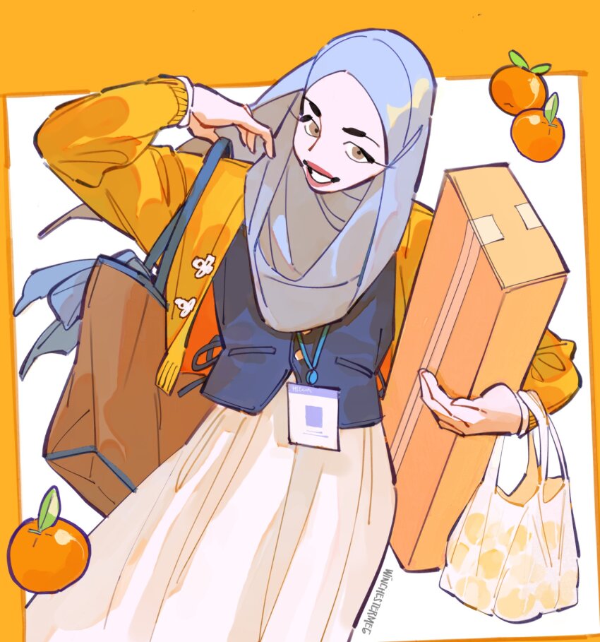 1girl blue_vest brown_bag brown_eyes commentary english_commentary food fruit grey_hijab highres hijab jacket lanyard looking_at_viewer open_clothes open_jacket orange_(fruit) orange_jacket original skirt solo vest white_skirt winchestermegg