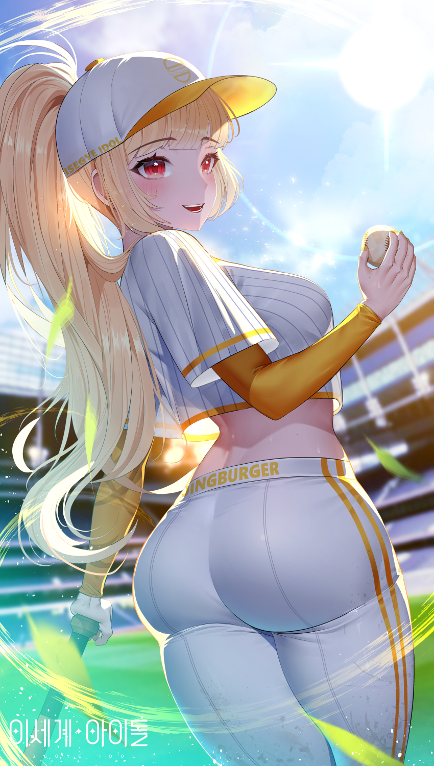 1girl absurdres ass ball baseball baseball_bat baseball_cap baseball_glove baseball_uniform blonde_hair blue_sky blurry blurry_background blush breasts cloud cowboy_shot crop_top day from_behind hat highres holding holding_ball jingburger korean_commentary lens_flare logo long_hair long_sleeves looking_at_viewer looking_back making-of_available medium_breasts midriff open_mouth outdoors pants ponytail red_eyes shirt short_sleeves sky smile solo sportswear stadium standing sunlight very_long_hair virtual_youtuber waktaverse white_hat white_pants white_shirt yeon_do_e