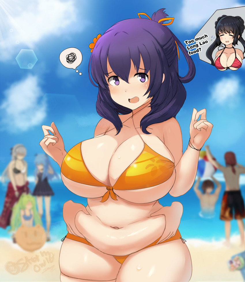 1girl absurdres ao_no_kiseki bare_shoulders beach belly belly_grab bikini blush breasts commentary cowboy_shot day disembodied_hand eiyuu_densetsu elie_macdowell english_commentary hair_ribbon hajimari_no_kiseki highres huge_breasts kea_(eiyuu_densetsu) lloyd_bannings looking_at_viewer orange_bikini outdoors plump randolph_orlando ribbon rixia_mao sen_no_kiseki sen_no_kiseki_(series) sen_no_kiseki_ii shanshan_(eiyuu_densetsu) short_hair solo_focus speech_bubble squiggle standing stormowl0 swimsuit thought_bubble tio_plato underboob weight_conscious weight_gain zero_no_kiseki