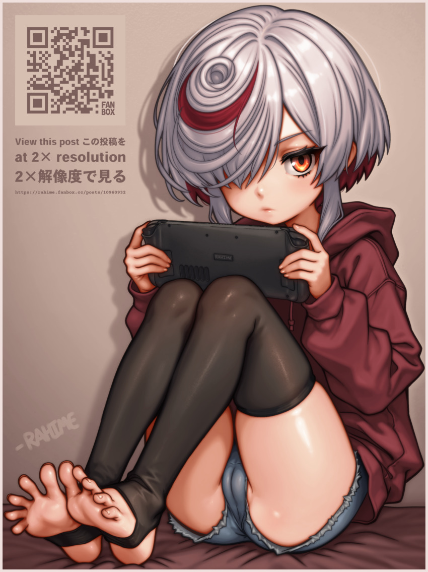1girl artist_name ass barefoot bed bedroom black_thighhighs cameltoe cleft_of_venus expressionless game_console hair_over_eyes hair_over_one_eye highres hood hooded_jacket hoodie indoors jacket knees legs_up looking_at_viewer looli messy_hair micro_shorts multicolored_hair partially_visible_vulva pussy qr_code rahime red_eyes red_hair revealing_clothes sage_(sonic) shorts sitting skindentation soles solo sonic_(series) sonic_racing:_crossworlds spread_toes steam_deck stirrup_legwear streaked_hair thighhighs toeless_legwear toes two-tone_hair white_hair