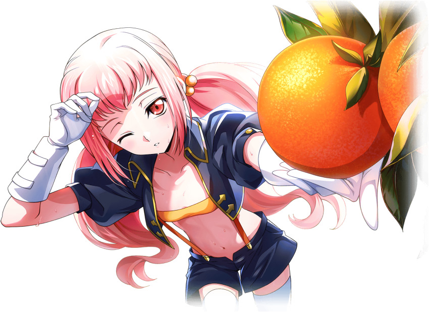 1girl anya_alstreim code_geass code_geass:_lost_stories f4samurai food fruit game_cg gloves highres long_hair low_twintails official_art one_eye_closed orange_(fruit) pink_eyes pink_hair red_eyes solo twintails white_gloves