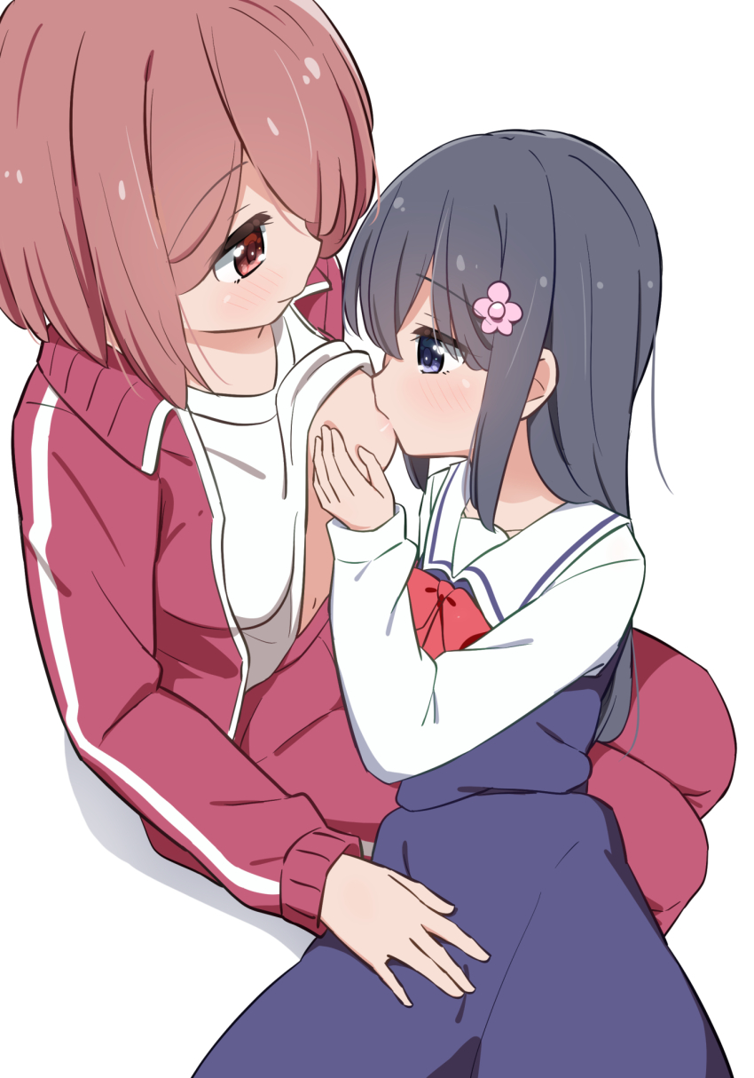 2girls black_hair blush breast_sucking brown_hair clothes_lift commentary_request dress flower hair_flower hair_ornament highres hoshino_miyako_(wataten) jacket long_hair miruzawa_akechi multiple_girls pants pink_flower purple_dress purple_eyes red_eyes red_jacket red_pants shirosaki_hana shirt shirt_lift simple_background smile track_jacket watashi_ni_tenshi_ga_maiorita! white_background white_shirt yuri