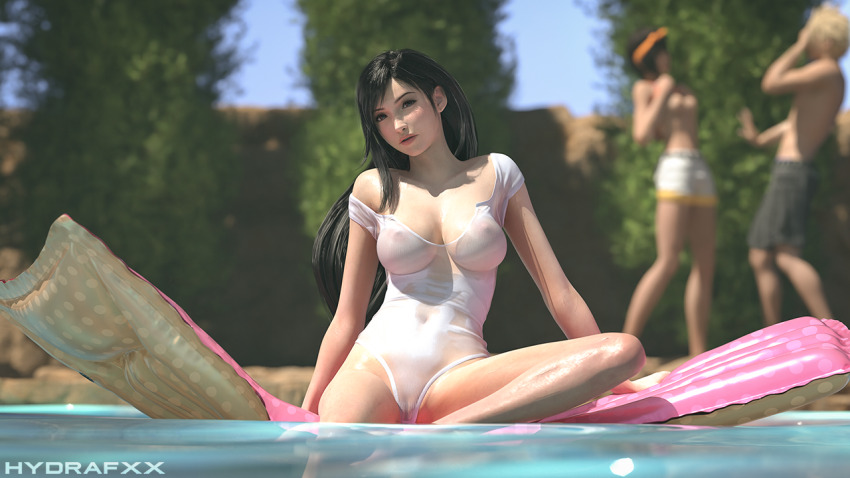 1boy 2girls 3d afloat black_hair blurry blurry_background breasts cloud_strife covered_erect_nipples covered_pussy covering_face day final_fantasy final_fantasy_vii final_fantasy_vii_remake flashing hetero hydrafxx inflatable_raft large_breasts looking_at_viewer male_swimwear multiple_girls nipples one-piece_swimsuit outdoors parted_lips pool see-through_clothes see-through_one-piece_swimsuit shorts sitting soaking_feet swimsuit tifa_lockhart white_one-piece_swimsuit white_shorts yuffie_kisaragi