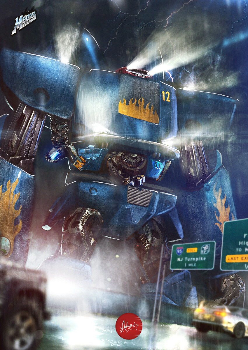 absurdres adry53 car commentary english_commentary flame_print glowing highres license_plate mecha mecha_focus megas_xlr megas_xlr_(mecha) motor_vehicle muscle_car no_humans plymouth_(brand) plymouth_barracuda road_sign robot sign smoke spoiler_(automobile) sports_utility_vehicle super_robot toyota toyota_supra toyota_supra_mk_iv