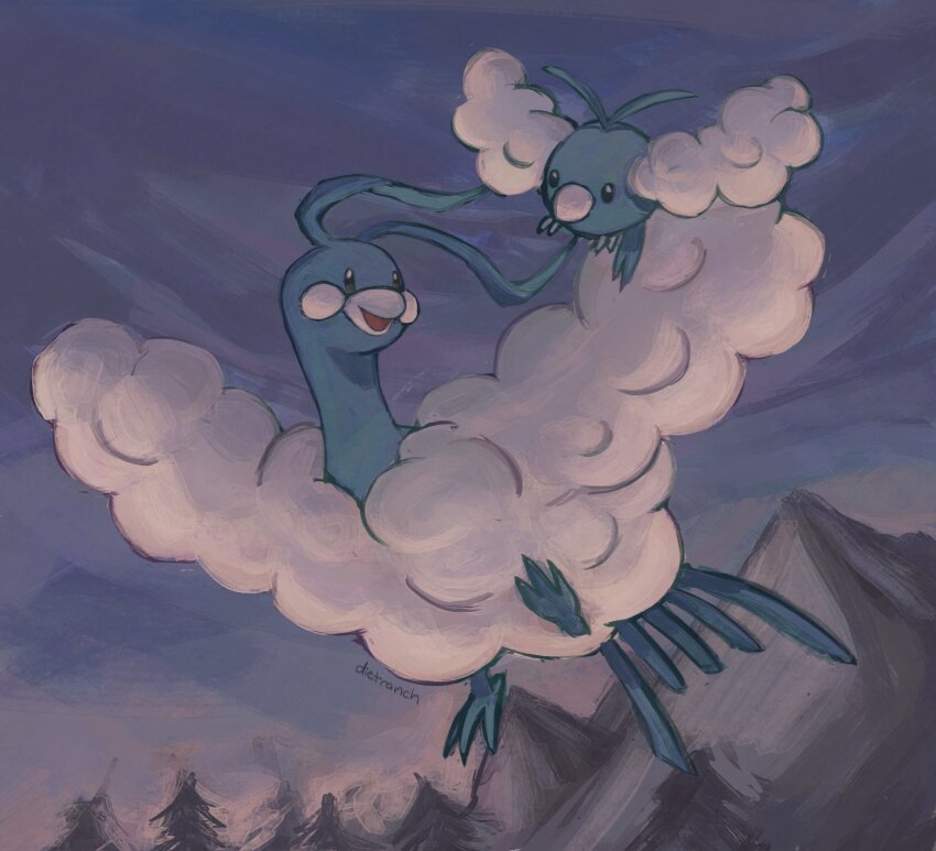 altaria animal_focus beak bird closed_mouth dietranch dragon evolutionary_line feathers fluffy flying gen_3_pokemon highres nintendo no_humans open_mouth outdoors pokemon pokemon_(creature) pokemon_focus sky smile swablu white_feathers