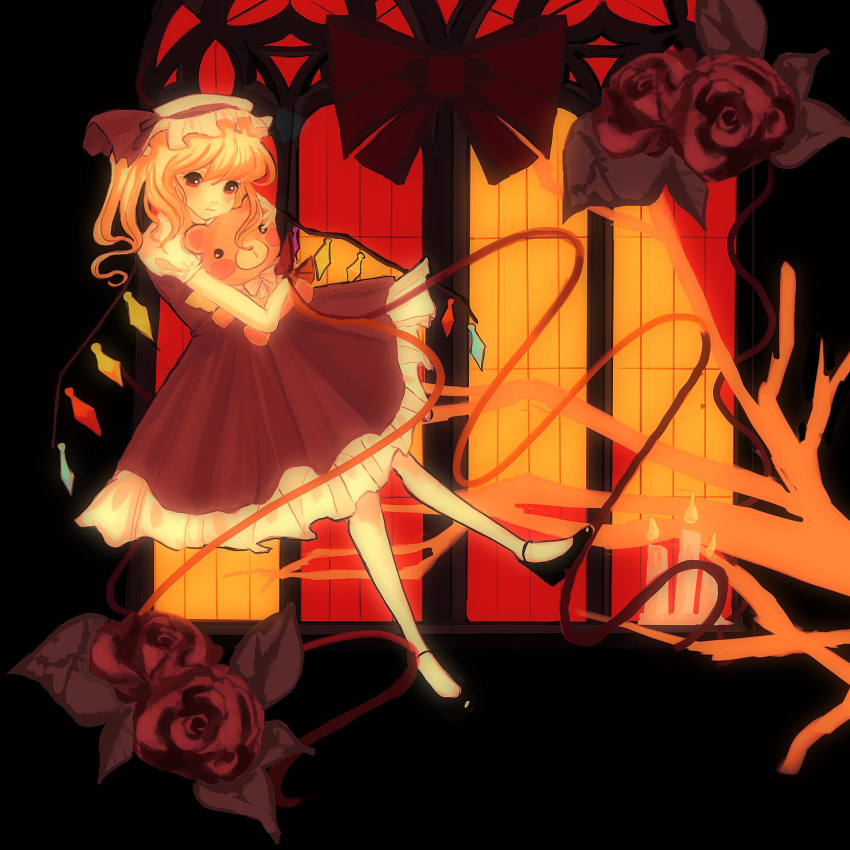 arched_window black_background block_heels blonde_hair bow bowtie branch candle crystal crystal_wings dress flandre_scarlet flower frilled_dress frills full_body hat hat_ribbon highres hugging_object leaf mob_cap multicolored_wings orange_theme red_bow red_bowtie red_flower red_rose red_skirt red_vest ribbon rose side_ponytail skirt stained_glass string stuffed_animal stuffed_toy teddy_bear touhou vest warm_colored window wings wrist_bow youmulover
