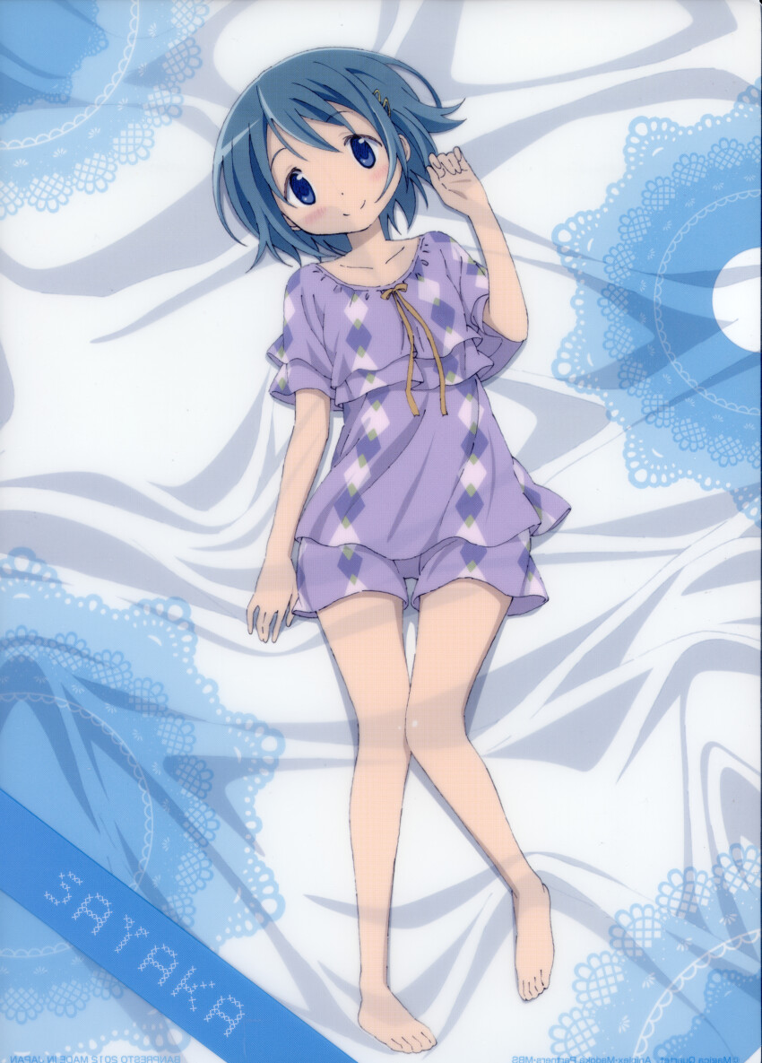 1girl absurdres argyle_clothes bed_sheet blue_eyes blue_hair character_name full_body hair_ornament hand_up highres incredibly_absurdres lying mahou_shoujo_madoka_magica miki_sayaka non-web_source official_art on_back on_bed pajamas purple_pajamas scan self-scan short_hair smile solo