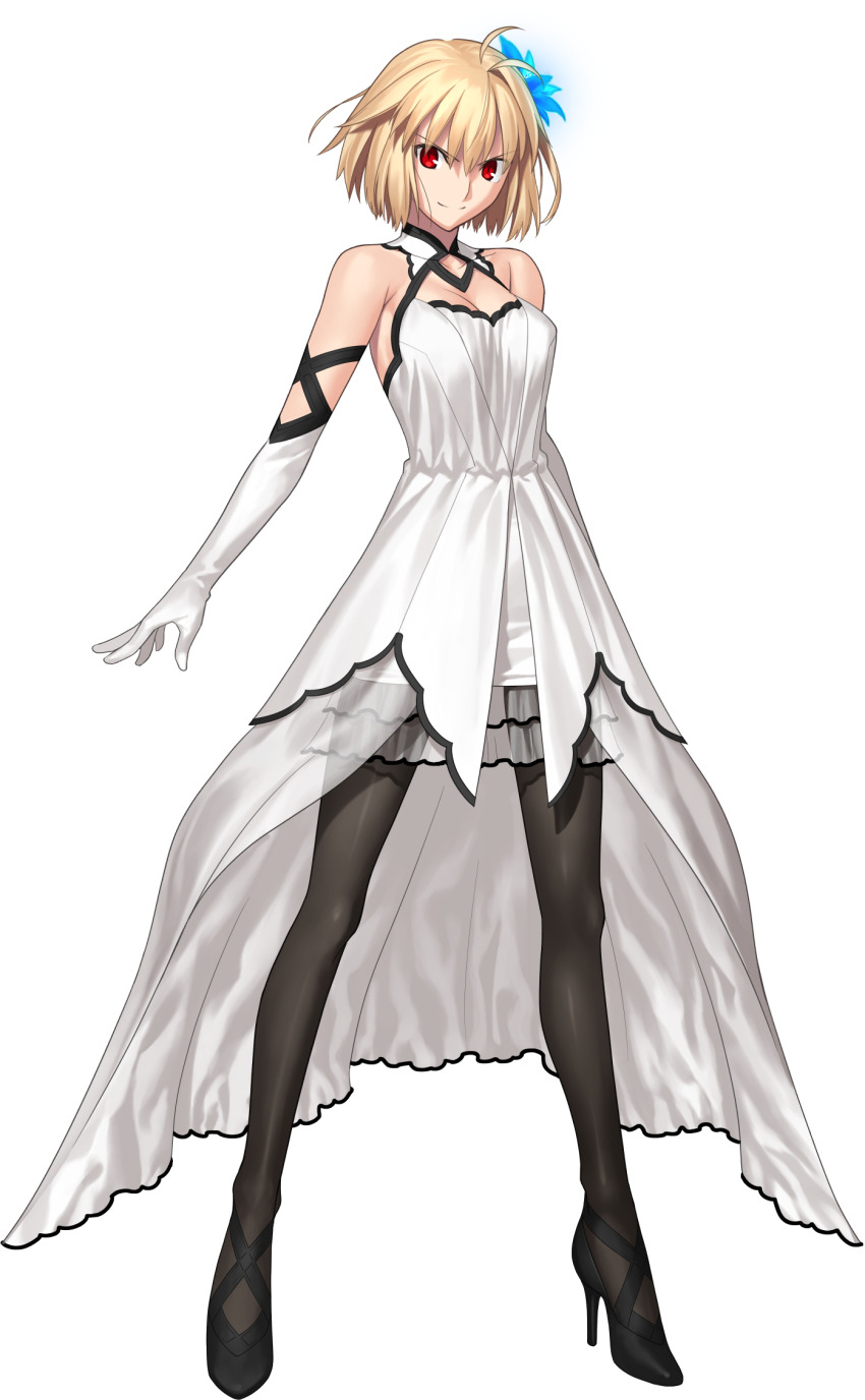 1girl ahoge arcueid_brunestud arcueid_brunestud_(clad_in_glacier) bare_shoulders blonde_hair blue_flower breasts brown_pantyhose cleavage dress fighting_stance flower flower-shaped_hair gloves grey_skirt hair_intakes hair_ornament high_heels highres looking_at_viewer miniskirt official_alternate_costume official_art pantyhose red_eyes short_hair skirt smile solo takeuchi_takashi tsukihime tsukihime_(remake) wavy_hair white_dress white_gloves