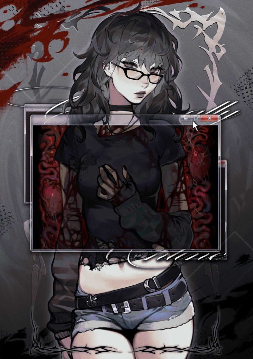1girl arm_warmers bansheeiso belt black_arm_warmers black_hair black_lips black_shirt blood blood_splatter collar commentary crop_top denim denim_shorts english_commentary expressionless glasses guro hand_on_own_chest highres intestines long_hair looking_at_viewer organs original revealing_layer scar scar_on_arm self-harm shirt short_shorts shorts stomach torn_clothes torn_shirt window_(computing) wrist_cutting