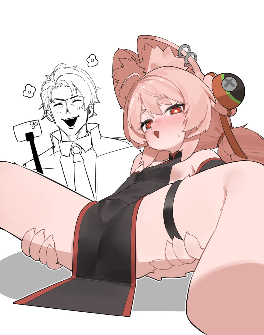 1boy 1girl ahoge animal_ear_fluff animal_ear_piercing animal_ears bare_shoulders black_dress blush cameltoe china_dress chinese_clothes damian_blackwood dress flasso furry furry_female hair_ornament highres legband loli long_hair looking_at_viewer open_mouth pelvic_curtain pink_hair rabbit_ears rabbit_girl red_eyes spread_legs zenless_zone_zero zhao_(zenless_zone_zero)