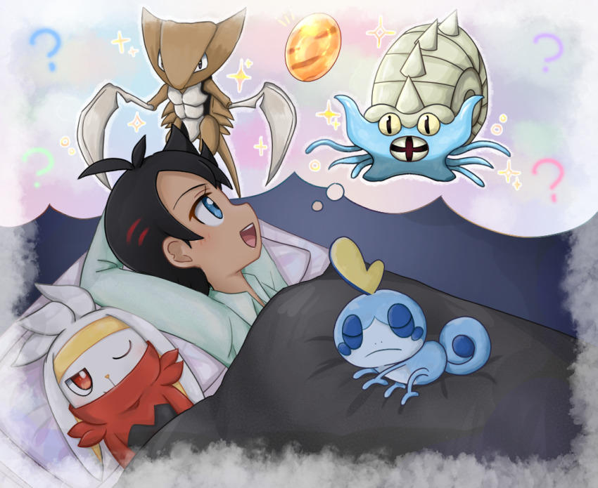 1boy ? animal_ears antenna_hair black_hair blanket dark-skinned_male dark_skin gen_1_pokemon gen_8_pokemon goh_(pokemon) green_pajamas imagining kabutops lying nintendo old_amber omastar on_back one_eye_closed open_mouth pajamas pillow pokemon pokemon_(anime) pokemon_(creature) pokemon_journeys rabbit_ears raboot short_hair sleeping sobble speech_bubble teeth thought_bubble upper_teeth_only