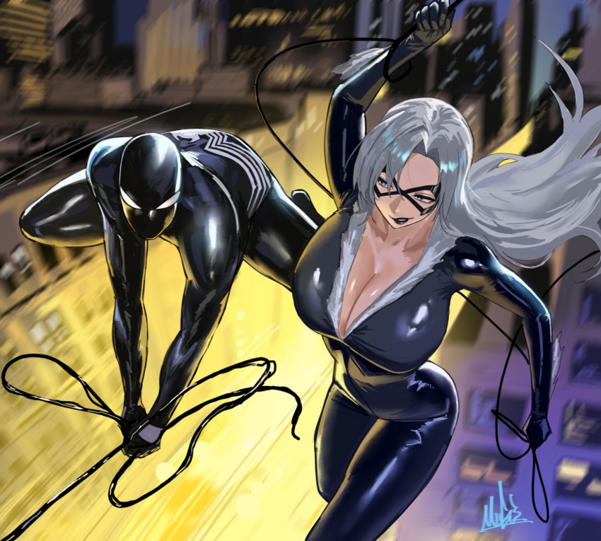 1boy 1girl black_bodysuit black_cat_(marvel) black_lips blue_eyes blurry blurry_background bodysuit breasts cityscape cleavage commentary english_commentary eye_mask fur-trimmed_bodysuit grappling_hook grin highres large_breasts long_hair marvel mask midair motion_blur mugi_(mugit49) multicolored_bodysuit muscular muscular_male narrowed_eyes new_york_city parted_bangs peter_parker signature smile spider-man spider-man_(series) superhero_costume swinging_on_rope swinging_on_web symbiote two-tone_bodysuit white_hair