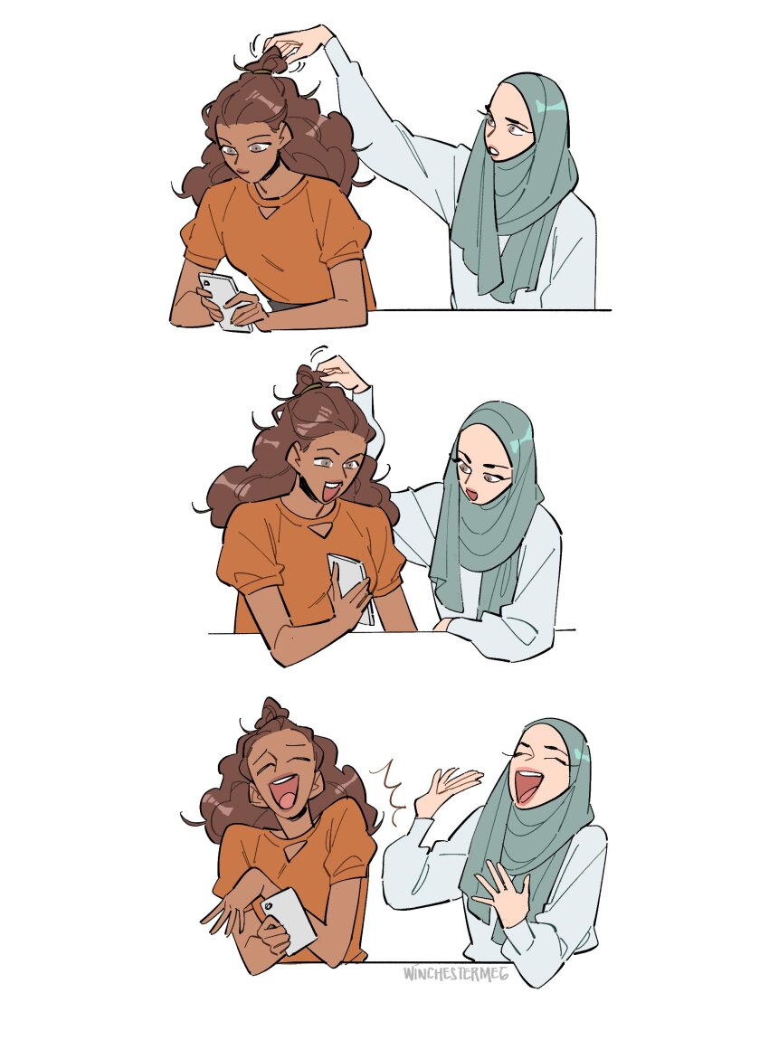 2girls absurdres artist_name brown_hair cellphone commentary english_commentary green_hijab highres hijab holding holding_another's_hair holding_phone long_hair multiple_girls multiple_views open_mouth orange_shirt original phone shirt short_sleeves simple_background smartphone teeth upper_teeth_only white_background winchestermegg