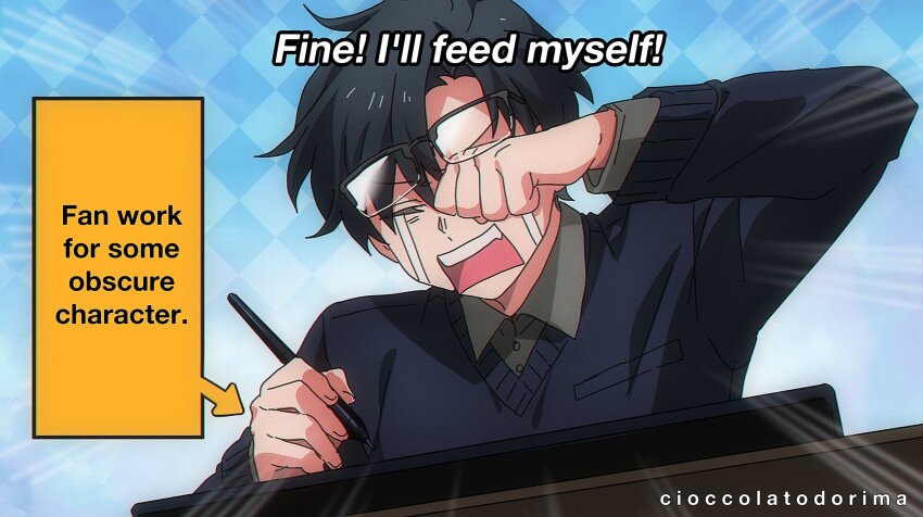 1boy anime_coloring artist_name artist_self-insert black_hair blue_sweater checkered_background cioccolatodorima commentary crying drawing_tablet english_commentary english_text glasses grey_shirt highres holding holding_stylus male_focus original over-rim_eyewear rubbing_eyes semi-rimless_eyewear shirt solo streaming_tears stylus subtitled sweater tears upper_body