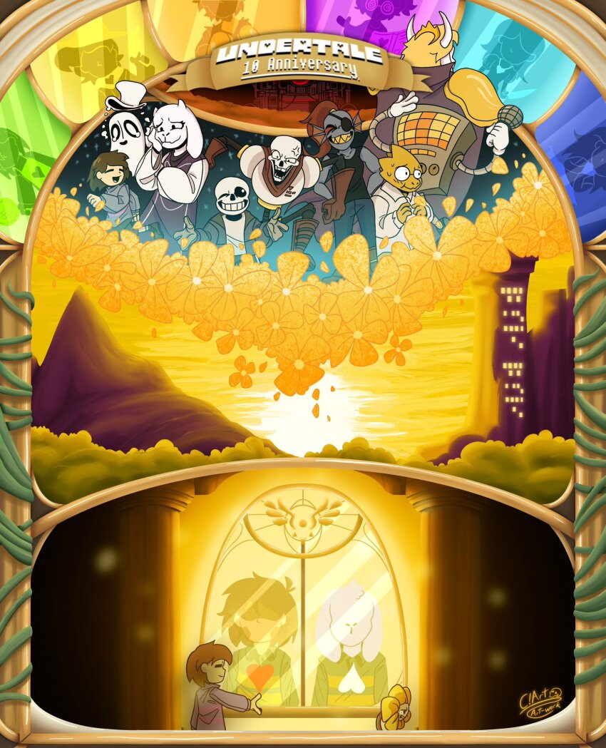 anger_vein animal_ears anniversary asriel_dreemurr blonde_hair blue_skin c!art_artwork chara_(undertale) colored_skin commentary crown delta_rune_(symbol) english_commentary everyone fins fish_girl flower flowey_(undertale) frisk_(undertale) furry furry_female furry_male goat_ears goat_girl goat_horns hat head_fins heart highres holding holding_microphone horns mettaton microphone mountain napstablook outstretched_hand papyrus_(undertale) reptile_girl sans_(undertale) signature skeleton sunset toriel undertale undyne utdr_(toby_fox) white_hat white_horns window yellow_flower yellow_skin