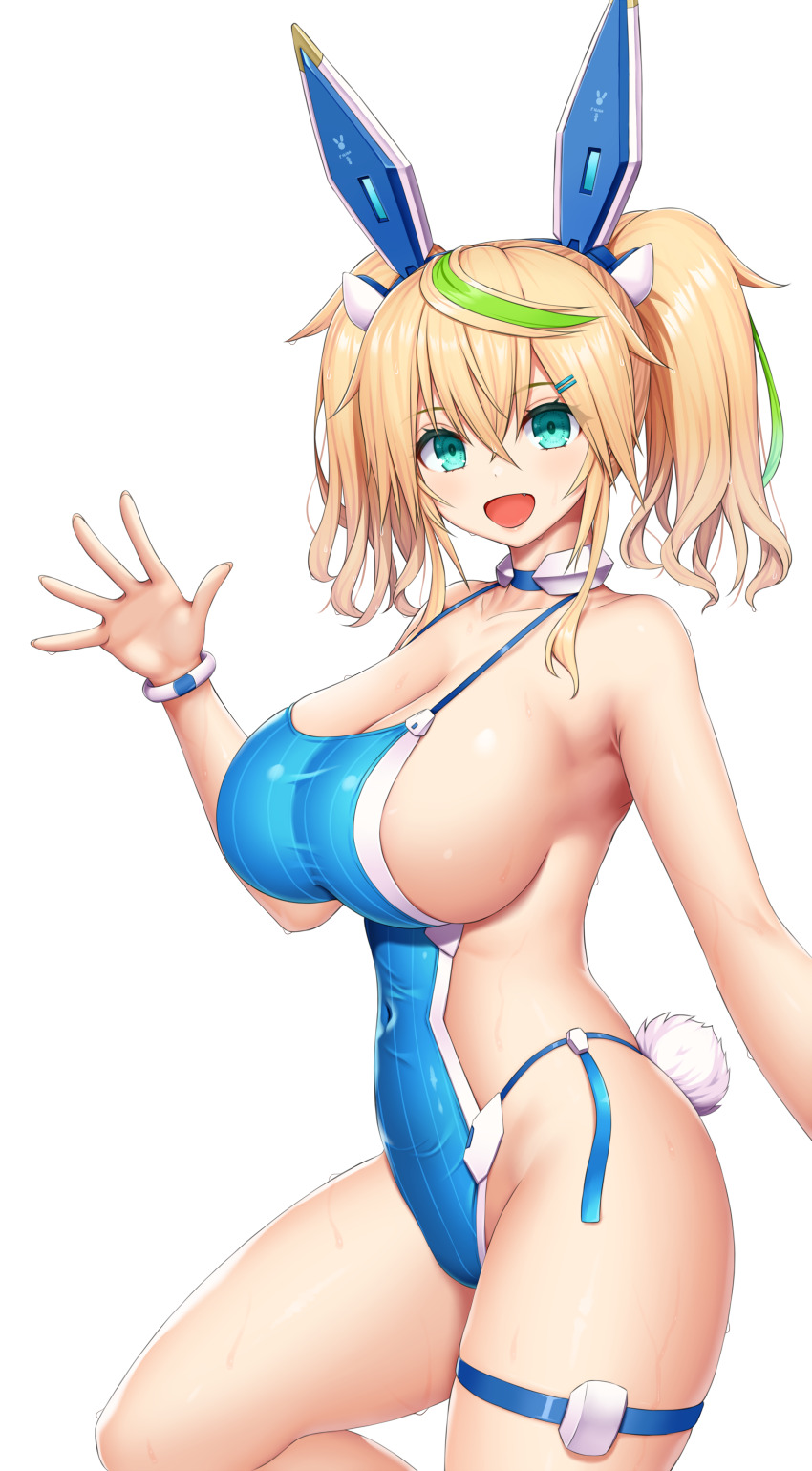 1girl absurdres animal_ears aqua_eyes asamura_hiori bare_shoulders blonde_hair blush breasts cleavage fake_animal_ears fake_tail fang gene_(pso2) green_hair hair_between_eyes highres huge_breasts leotard linked_bikini looking_at_viewer monokini multicolored_hair one-piece_swimsuit open_mouth phantasy_star phantasy_star_online_2 playboy_bunny playboy_bunny_swimsuit rabbit_ears sideless_leotard simple_background smile solo streaked_hair swimsuit tail twintails two-tone_hair