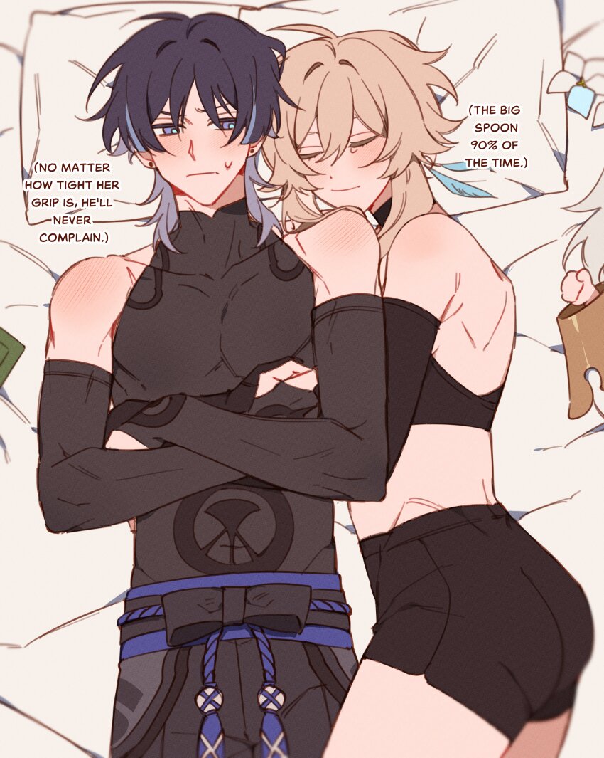 1boy 2girls absurdres ahoge assertive_female bad_tag belt black_belt black_bodysuit black_bow black_bra black_bridal_gauntlets black_choker black_hair black_shorts blonde_hair blue_feathers blue_flower blue_pupils blunt_ends blush bodysuit bow bra bridal_gauntlets choker clenched_hand closed_eyes closed_mouth clothing_cutout colored_inner_hair commentary couple covered_collarbone crossed_arms earrings english_text facing_another feather_earrings feathers flower genshin_impact grey_hair hair_flower hair_ornament head_on_another's_shoulder head_on_pillow hetero highres hip_vent hug hug_from_behind jewelry looking_at_another lumine_(genshin_impact) lying majunjuu mandarin_collar multicolored_flower multicolored_hair multiple_girls on_bed on_side paimon_(genshin_impact) pectorals pillow purple_eyes purple_rope purple_sash rope sash scaramouche_(genshin_impact) shared_bed short_hair short_hair_with_long_locks short_shorts shorts shoulder_blades shoulder_blush sidelocks sideways_glance sleeping smile spooning sports_bra streaked_hair sweatdrop symbol-only_commentary tassel toned underwear wanderer_(genshin_impact) white_flower white_hair