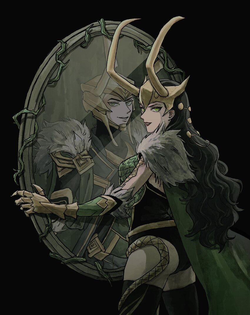 1boy 1girl 4o_out alternate_form armor ass black_hair breasts cape commentary fake_horns fur-trimmed_cape fur_trim genderswap gloves green_cape green_eyes highres horned_headwear horns lady_loki large_breasts loki_(marvel) long_hair looking_at_viewer marvel marvel_rivals mirror simple_background smile symbol-only_commentary thor_(marvel)_(series)