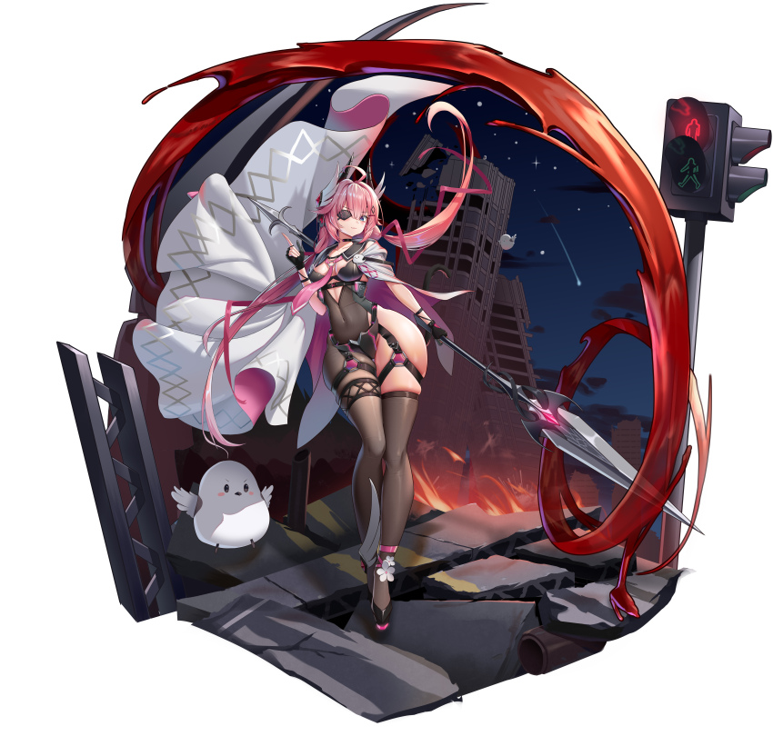 1girl absurdres ahoge asymmetrical_legwear black_gloves black_shoes blue_eyes breasts cape chinese_commentary cleavage commentary_request covered_navel eyepatch fingerless_gloves fire framed_breasts full_body gloves highres holding holding_behind_back holding_polearm holding_weapon holding_weapon_behind_back indie_virtual_youtuber long_hair navel night pink_hair polearm ruins sakurada_hane shoes single_leg_pantyhose single_thighhigh skindentation small_breasts solo thigh_strap thighhighs very_long_hair weapon wide_hips yue_huang_qing_vassago