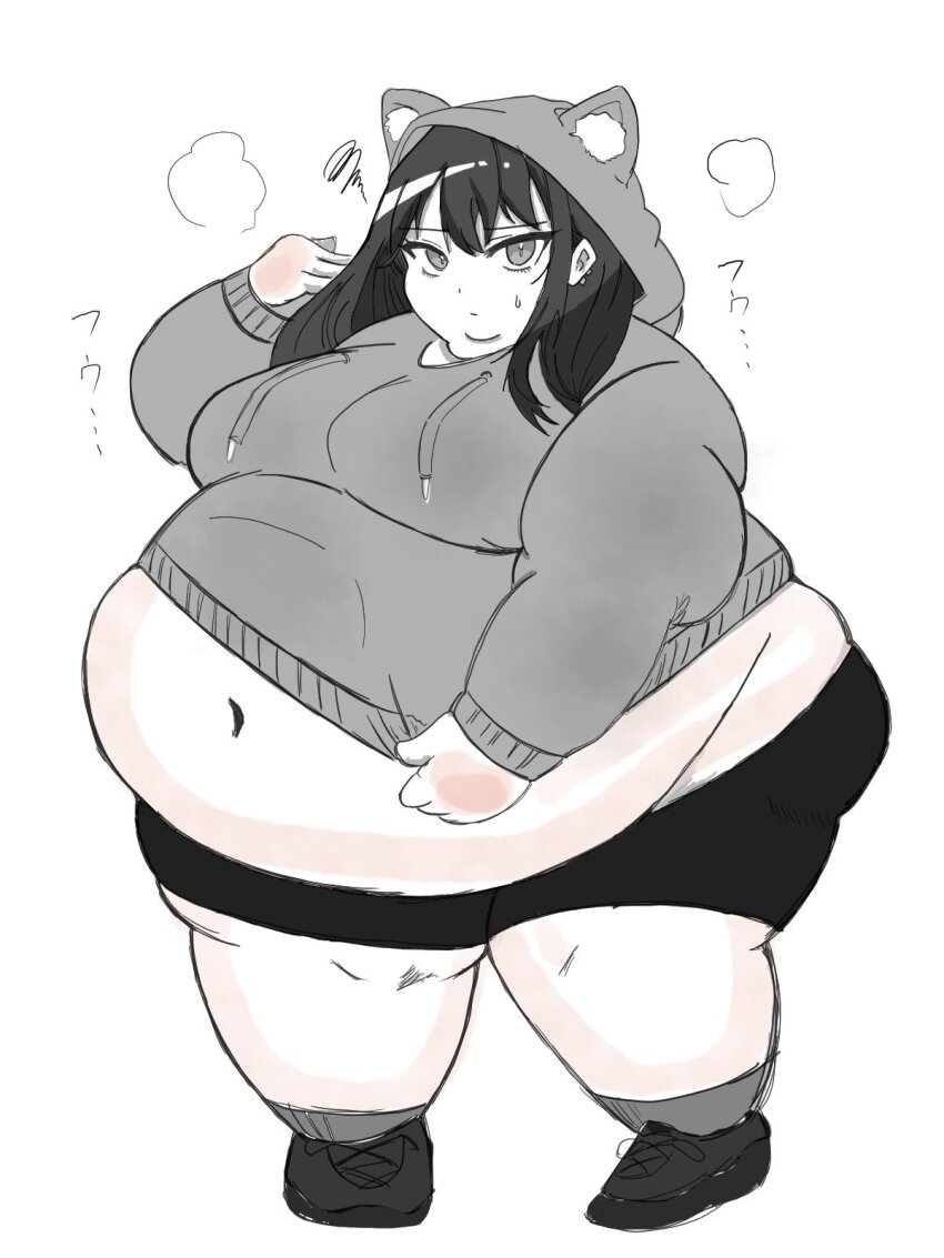 1girl animal_ears animal_hood belly big_belly black_hair black_shoes black_shorts breasts cat_hood double_chin fake_animal_ears fat fat_woman hand_up highres hood hood_up hoodie large_breasts long_hair long_sleeves looking_at_viewer looking_to_the_side muffin_top navel obese original partially_colored pigeon-toed pulling_own_clothes shoes shorts simple_background skaiipb1jwoy5qa socks solo steam steaming_body sweatdrop thick_arms thick_thighs thighs tsurime undersized_clothes white_background
