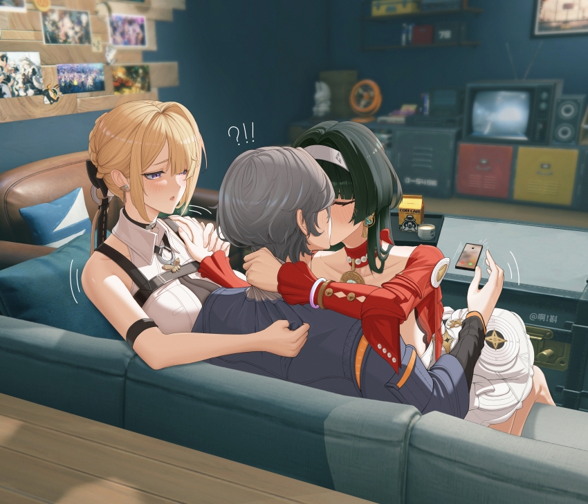 !? 1boy 2girls a_zhen absurdres alexandrina_sebastiane arm_strap artist_name astra_yao belle_(zenless_zone_zero) black_choker black_hair blonde_hair blurry blurry_background blush breasts cellphone character_request chest_harness choker closed_eyes coffee collarbone collared_shirt corin_wickes couch earrings ellen_joe eous_(zenless_zone_zero) evelyn_chevalier from_behind game_screenshot_background grey_hair hairband hand_on_another's_back hand_on_another's_neck hand_on_another's_shoulder harness hetero highres incoming_call indoors jewelry kiss large_breasts long_hair long_sleeves looking_at_another making-of_available mole mole_under_eye multiple_girls netorare on_couch open_mouth phone photo_(object) red_choker screenshot_background shirt short_hair sitting sleeveless sleeveless_shirt smartphone strap sweat television tin_master_(zenless_zone_zero) white_hairband white_shirt wise_(zenless_zone_zero) zenless_zone_zero