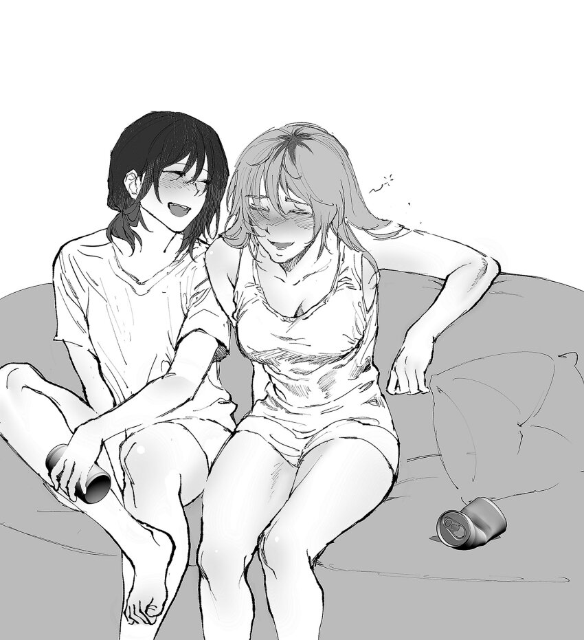 2girls bare_arms barefoot beer_can blush can closed_eyes commentary_request couch crushed_can cushion drink_can drunk girls_band_cry greyscale hansaeng2 highres iseri_nina kawaragi_momoka korean_commentary laughing long_hair medium_hair monochrome multicolored_hair multiple_girls on_couch open_mouth roots_(hair) shirt short_sleeves short_twintails shorts sitting smile squeans tank_top toes twintails