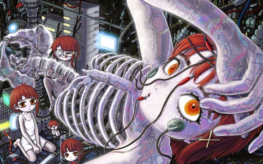 5girls brown_hair closed_mouth computer eyepatch fumo_(doll) hair_ornament highres iwakura_lain looking_at_viewer medical_eyepatch monitor multiple_girls orange_eyes r4kk4_404 see-through_body serial_experiments_lain short_hair sitting skeleton wire x_hair_ornament