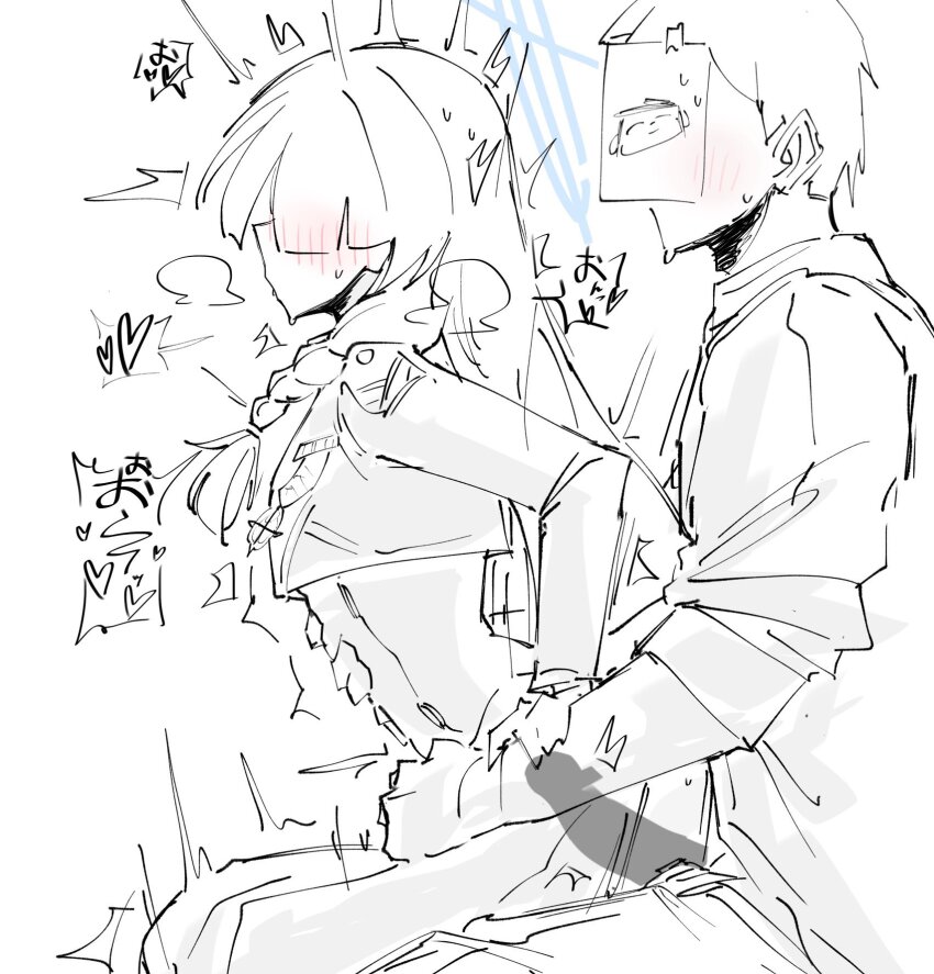 1boy 1girl bagaponchi blue_archive blue_halo blush braid clothed_sex commentary_request doodle_sensei_(blue_archive) dress from_side general_student_council_president_(blue_archive) halo heart hetero highres long_hair long_sleeves paper_on_head penis reverse_upright_straddle sensei_(blue_archive) sex sex_from_behind shirt simple_background single_braid sitting spoken_heart white_background x-ray